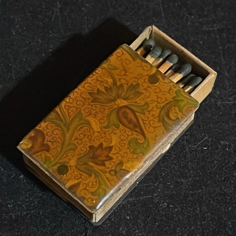 Vintage Enamel Golden Floral Metal Matchbox, 1960s